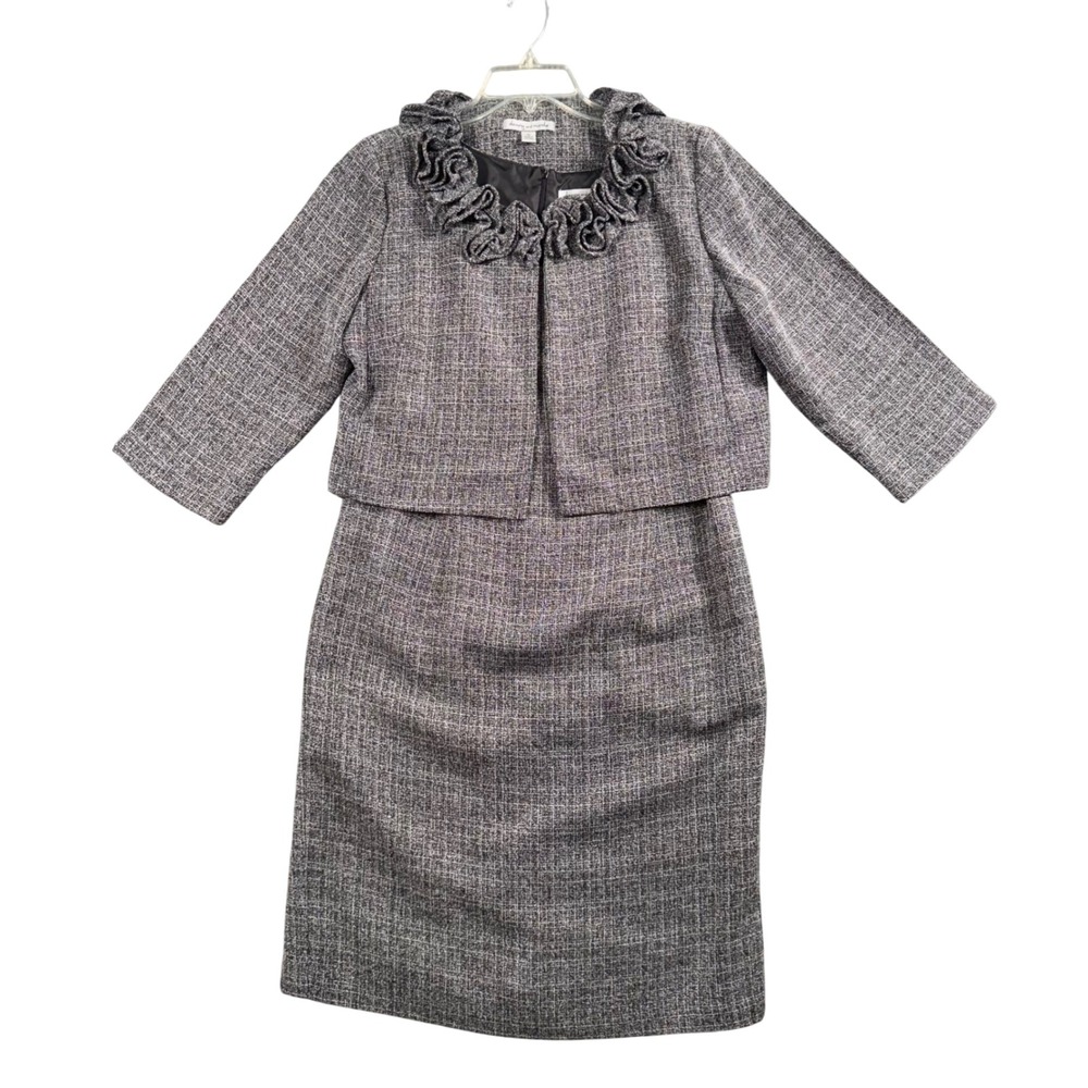 Danny & Nicole Skirt Suit Womens 12 Gray Ruffle Collar 2 Piece Office Academia
